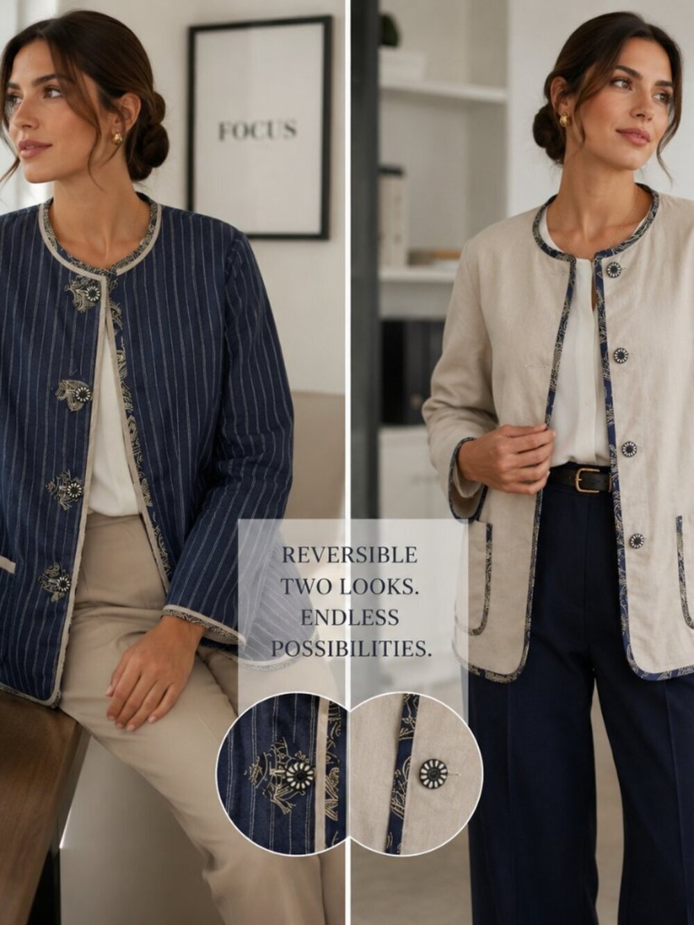 Women's Linen Blend Reversable Blue Stripe Artsy Coastal Blazer Sz M